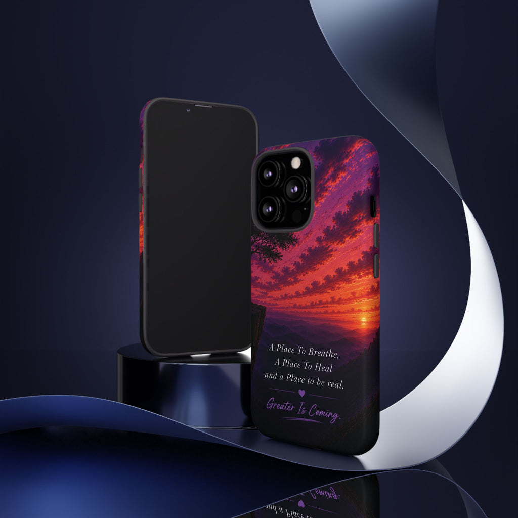 Sunset Serenity Phone Case – “A Place To Breathe, A Place To Heal” Inspirational Galaxy Case