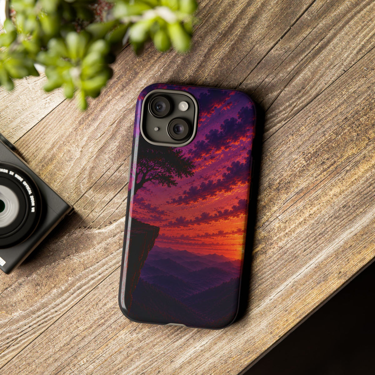 Sunset Cliff Tough Phone Case - Vibrant Purple Orange Landscape for Galaxy & iPhone