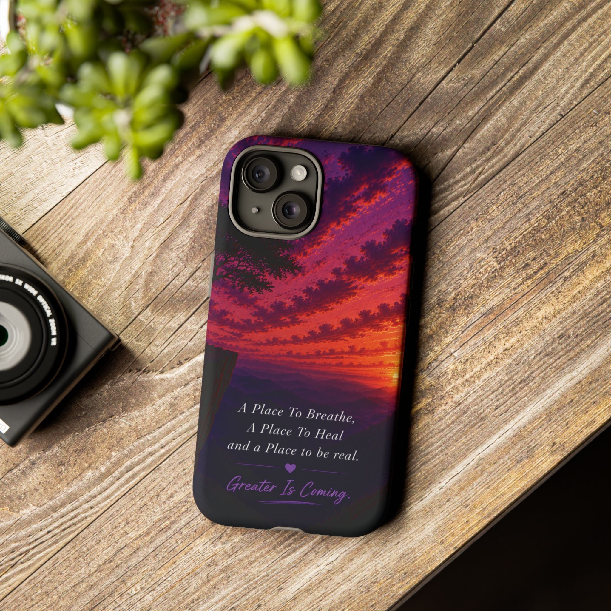 Sunset Serenity Phone Case – “A Place To Breathe, A Place To Heal” Inspirational Galaxy Case