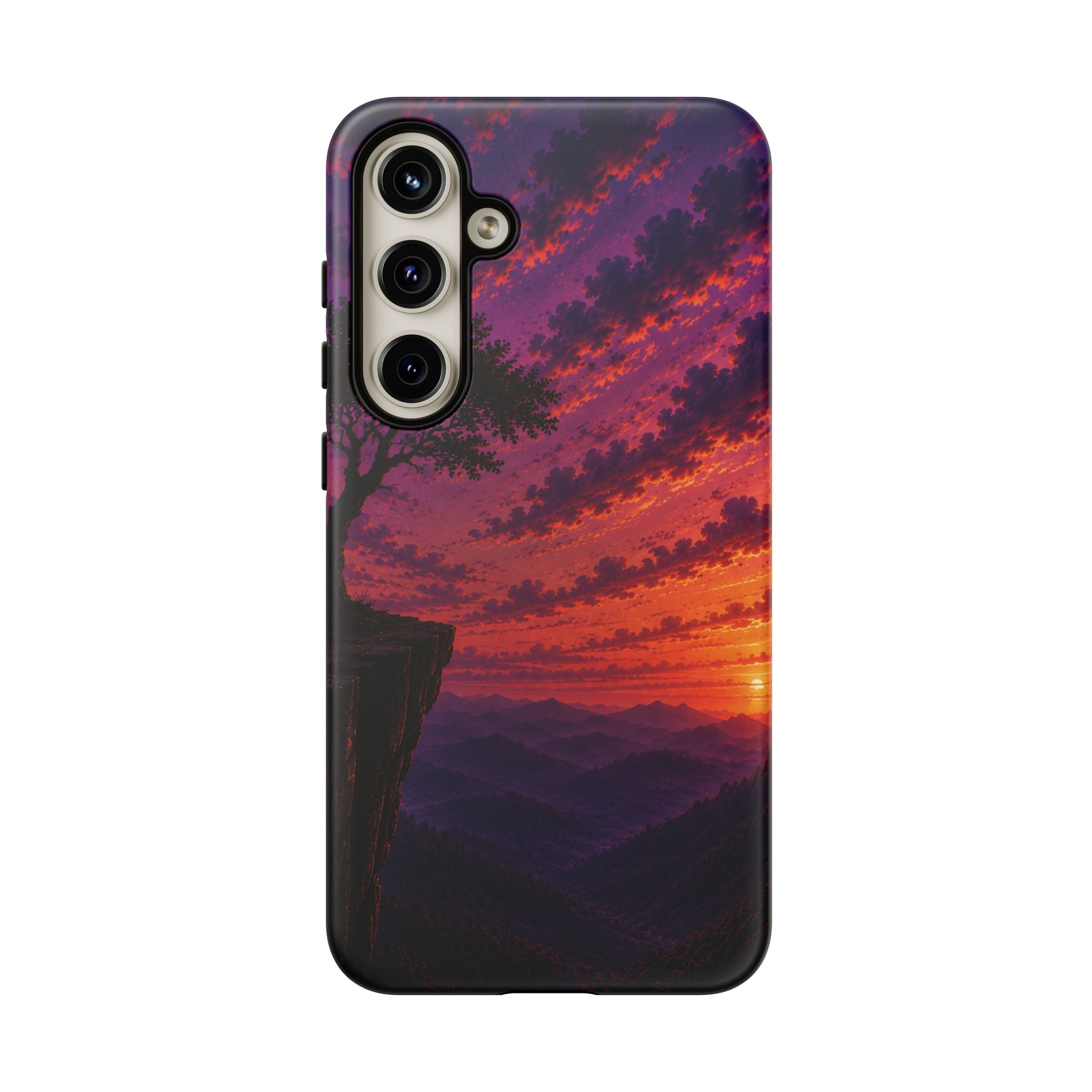 Sunset Cliff Tough Phone Case - Vibrant Purple Orange Landscape for Galaxy & iPhone