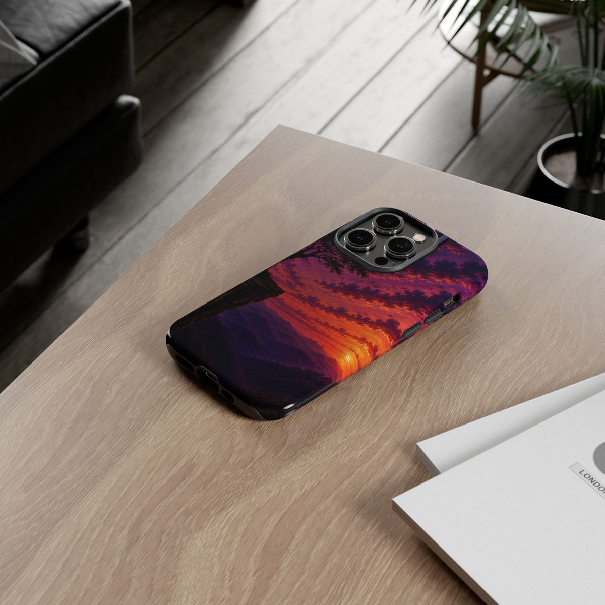 Sunset Cliff Tough Phone Case - Vibrant Purple Orange Landscape for Galaxy & iPhone
