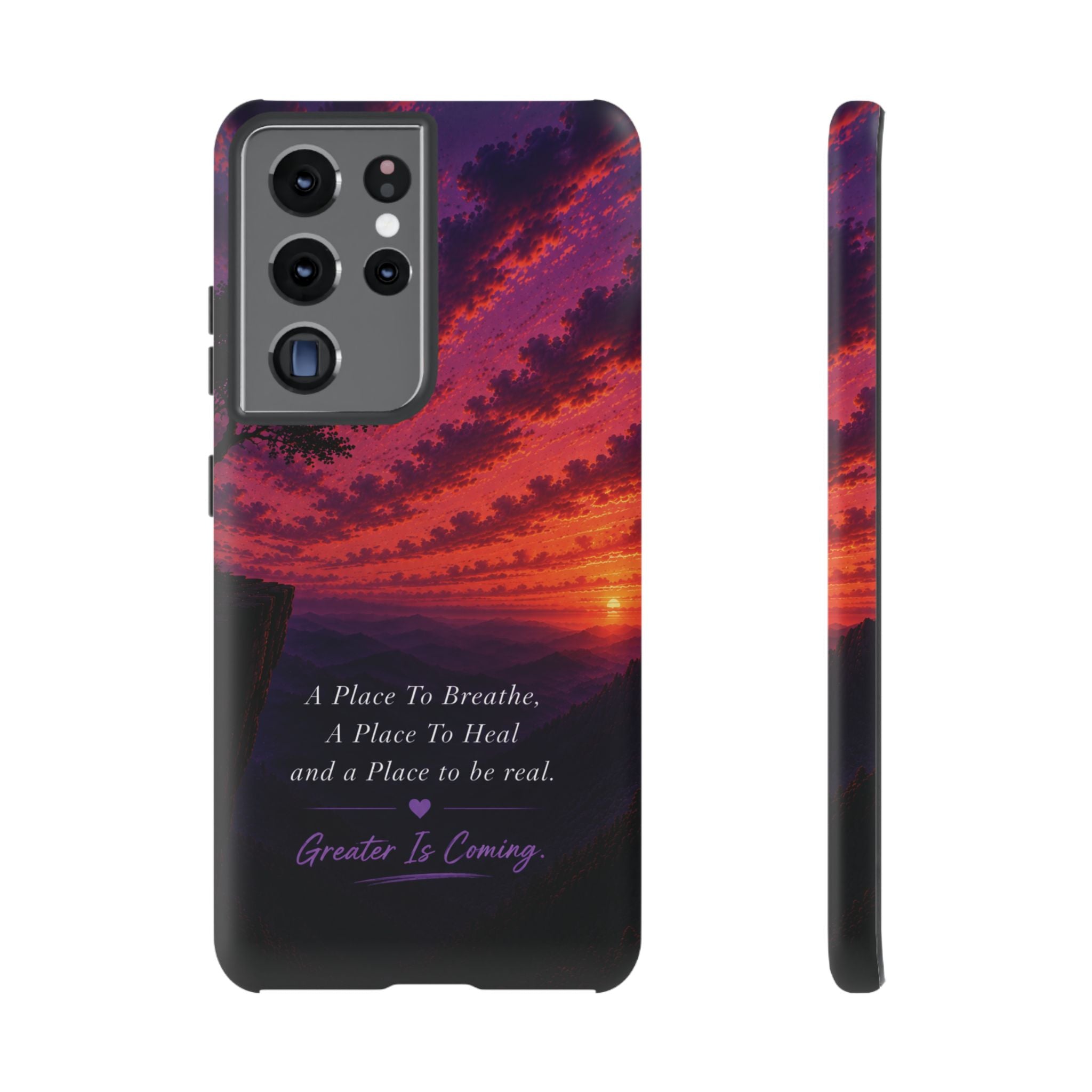 Sunset Serenity Phone Case – “A Place To Breathe, A Place To Heal” Inspirational Galaxy Case