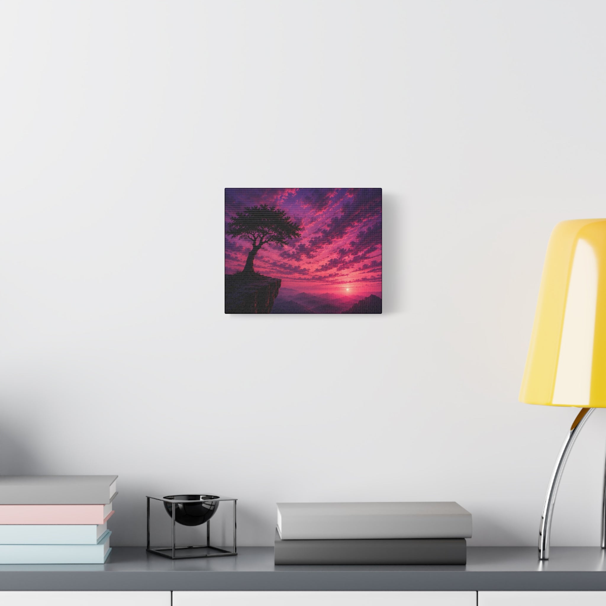 Sunset Cliff Tree Matte Canvas Art – Pink Purple Landscape Wall Decor