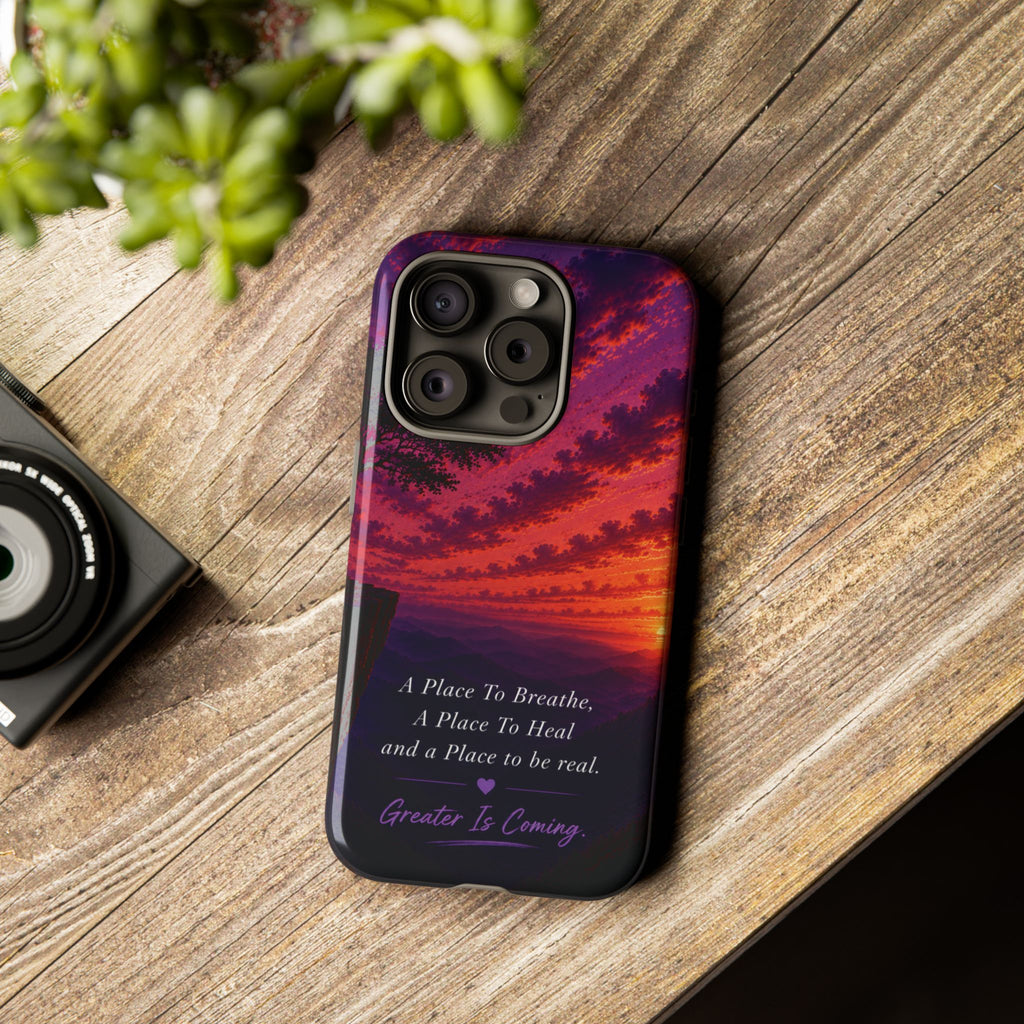 Sunset Serenity Phone Case – “A Place To Breathe, A Place To Heal” Inspirational Galaxy Case