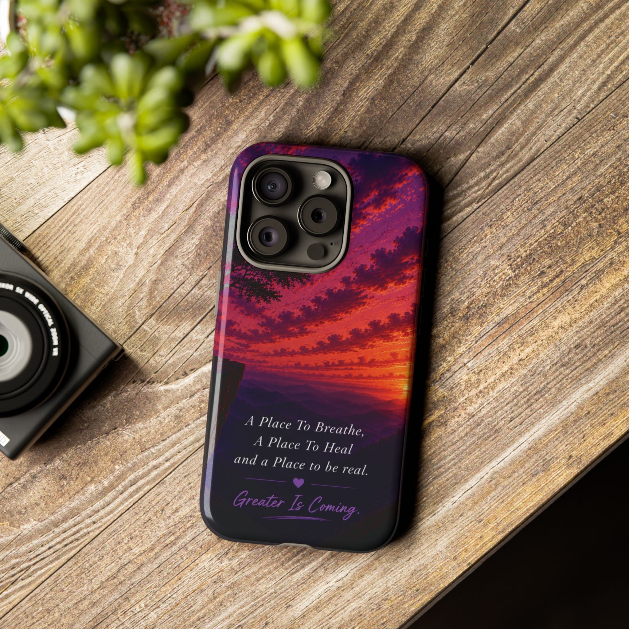 Sunset Serenity Phone Case – “A Place To Breathe, A Place To Heal” Inspirational Galaxy Case