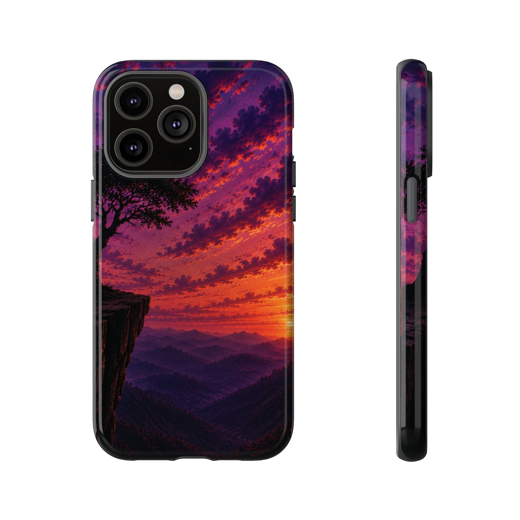 Sunset Cliff Tough Phone Case - Vibrant Purple Orange Landscape for Galaxy & iPhone