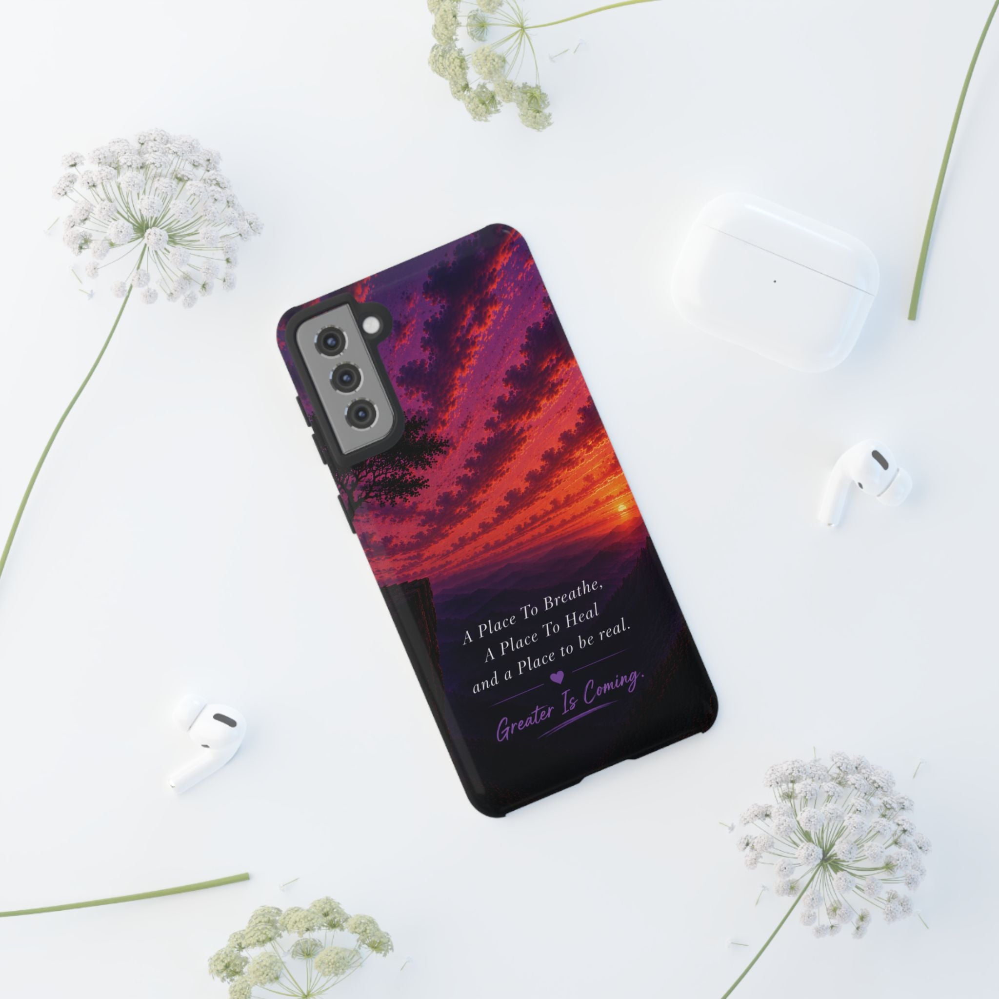 Sunset Serenity Phone Case – “A Place To Breathe, A Place To Heal” Inspirational Galaxy Case