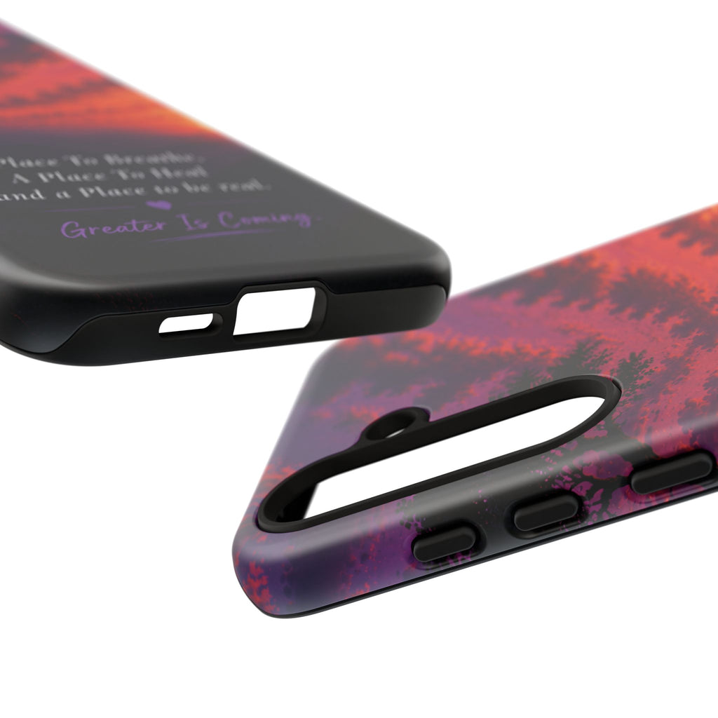 Sunset Serenity Phone Case – “A Place To Breathe, A Place To Heal” Inspirational Galaxy Case