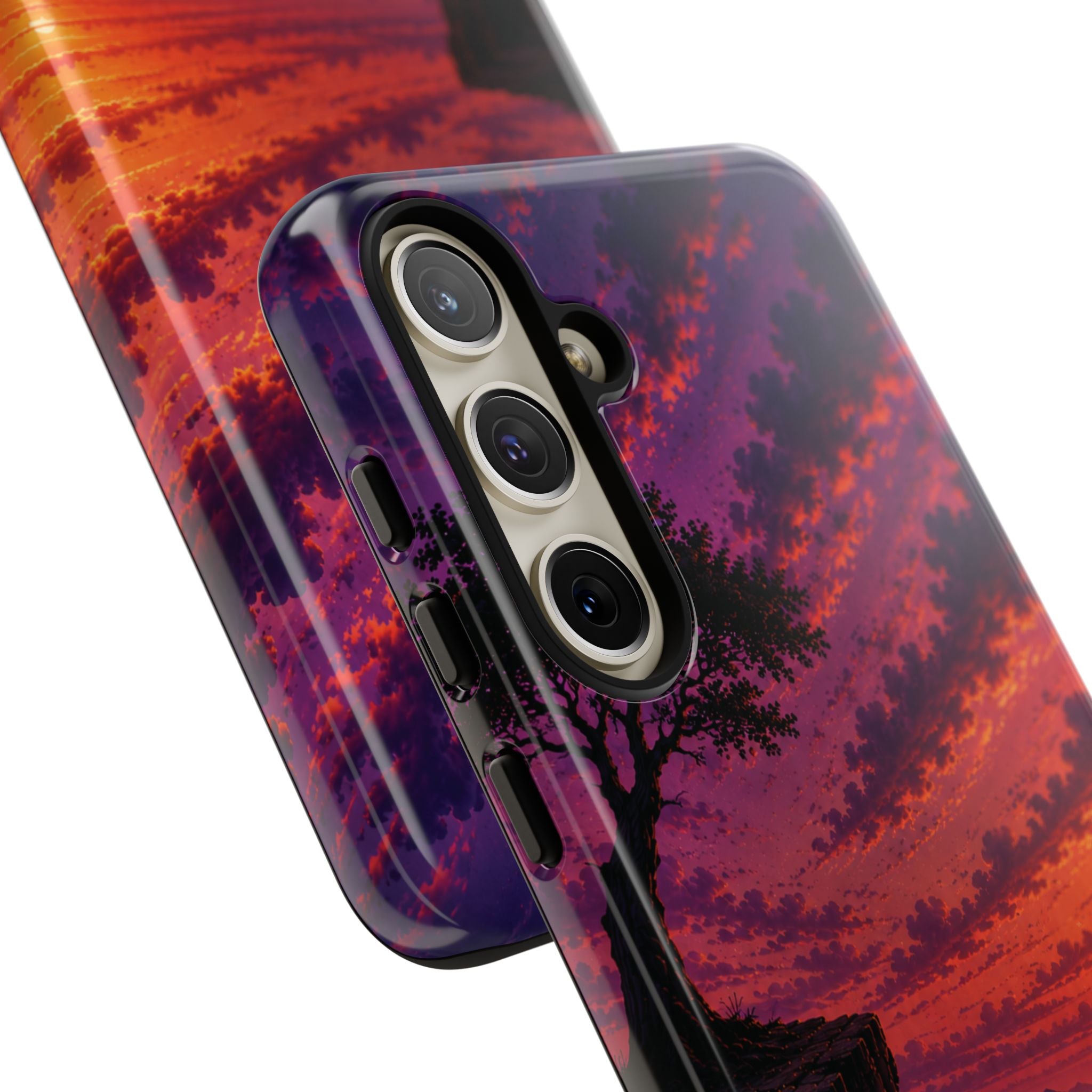 Sunset Cliff Tough Phone Case - Vibrant Purple Orange Landscape for Galaxy & iPhone