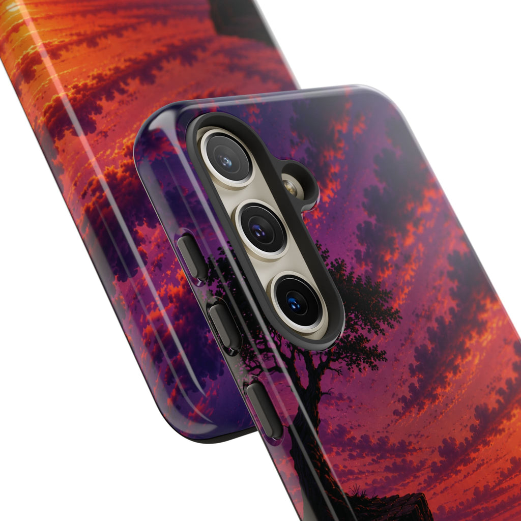 Sunset Cliff Tough Phone Case - Vibrant Purple Orange Landscape for Galaxy & iPhone