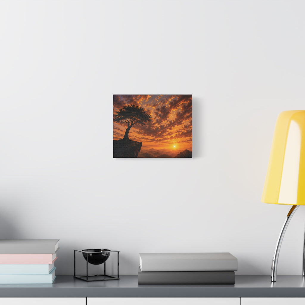 Sunset Cliff Canvas Wall Art — Lone Tree Silhouette Matte Stretched Print