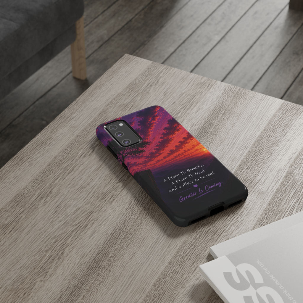 Sunset Serenity Phone Case – “A Place To Breathe, A Place To Heal” Inspirational Galaxy Case