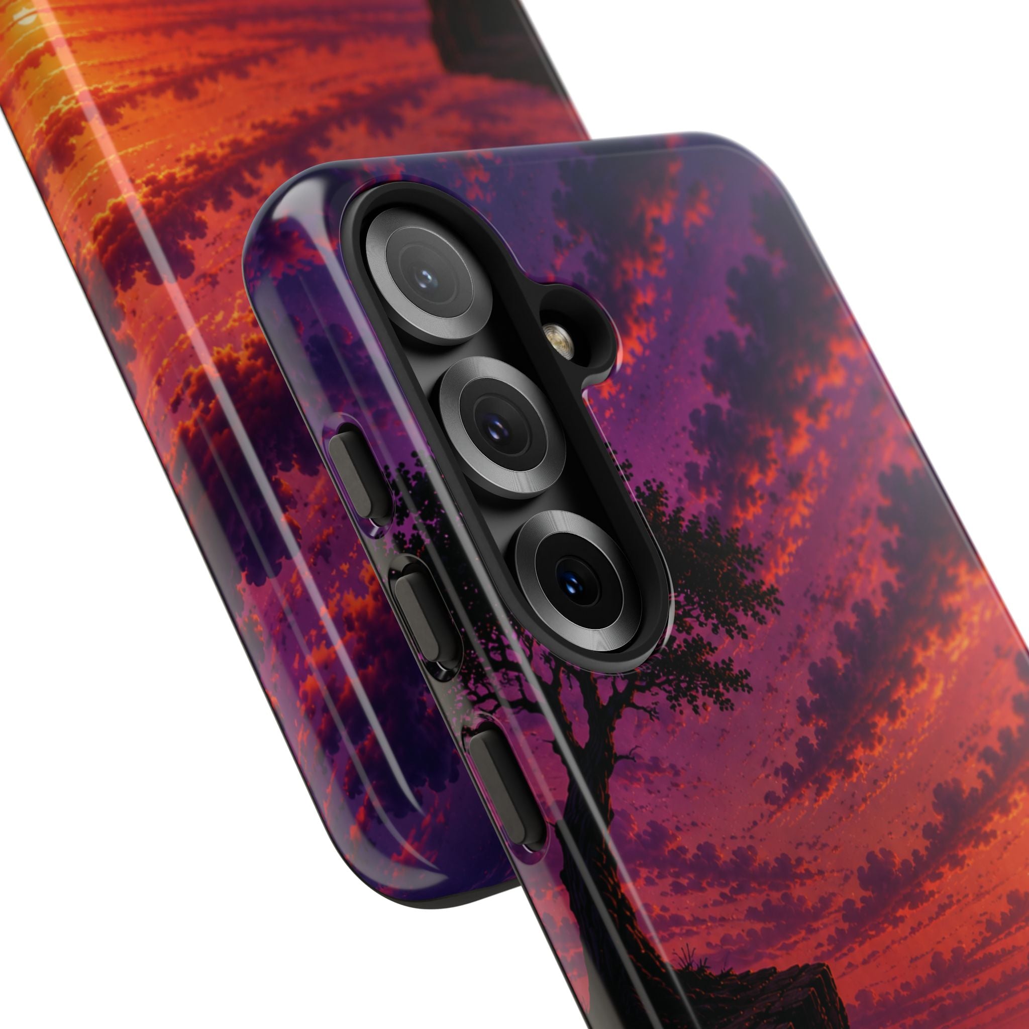 Sunset Cliff Tough Phone Case - Vibrant Purple Orange Landscape for Galaxy & iPhone