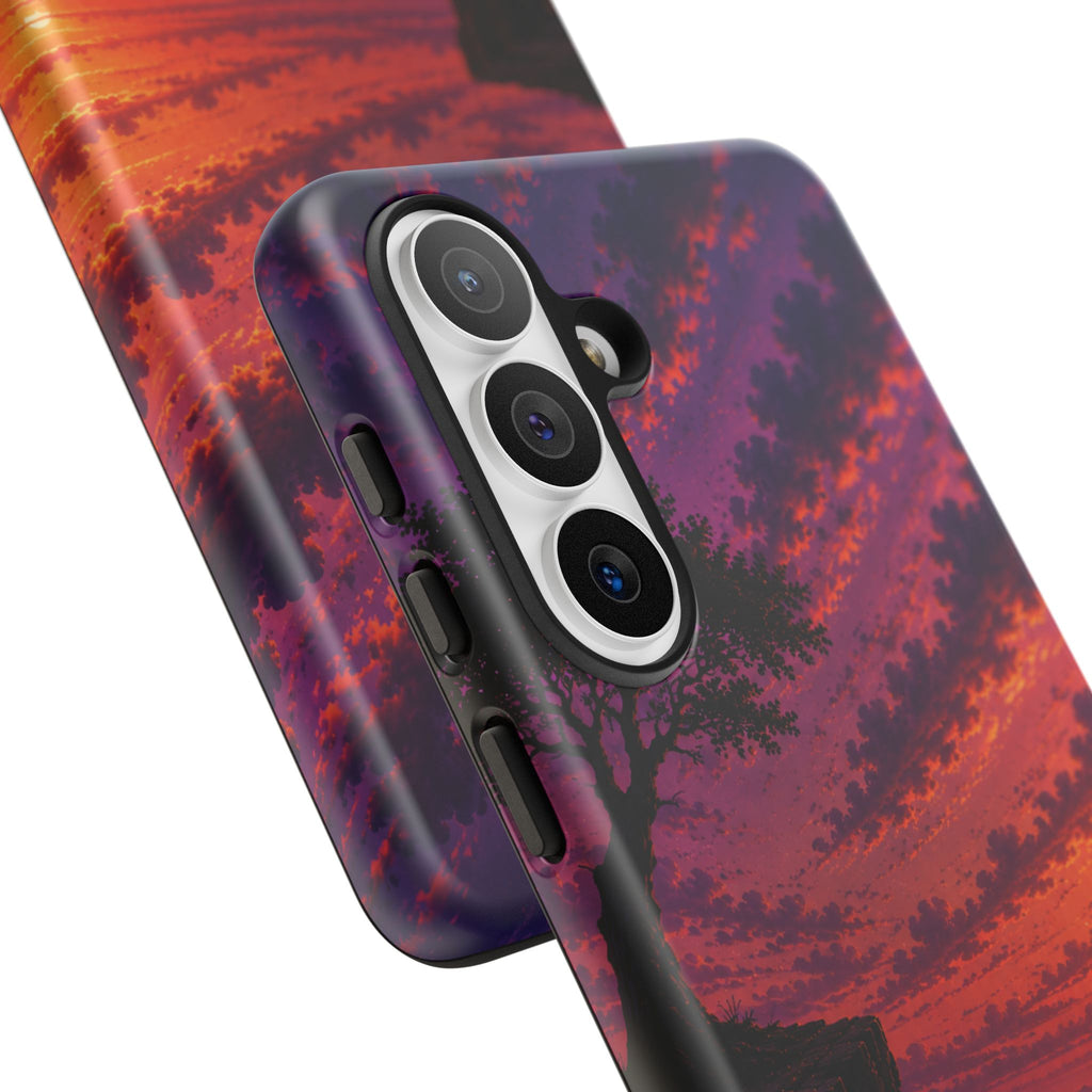 Sunset Cliff Tough Phone Case - Vibrant Purple Orange Landscape for Galaxy & iPhone