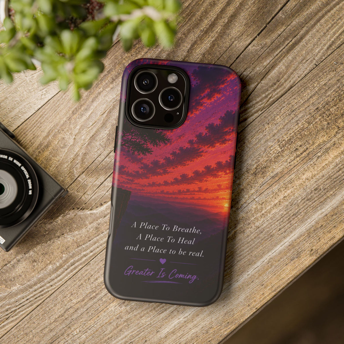 Sunset Serenity Phone Case – “A Place To Breathe, A Place To Heal” Inspirational Galaxy Case