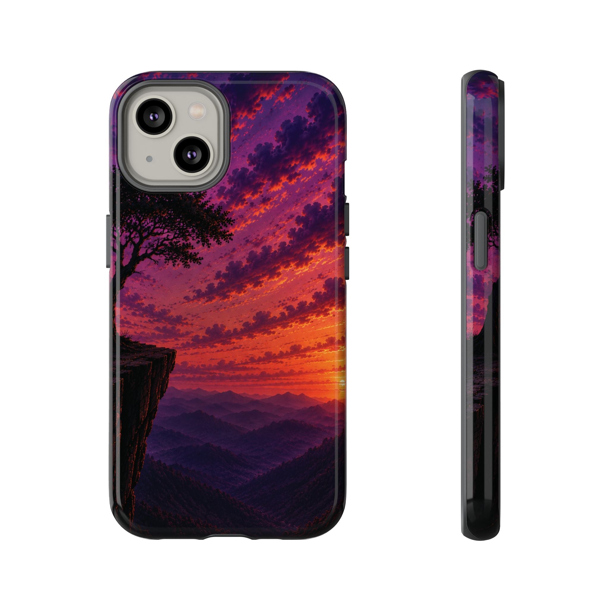 Sunset Cliff Tough Phone Case - Vibrant Purple Orange Landscape for Galaxy & iPhone