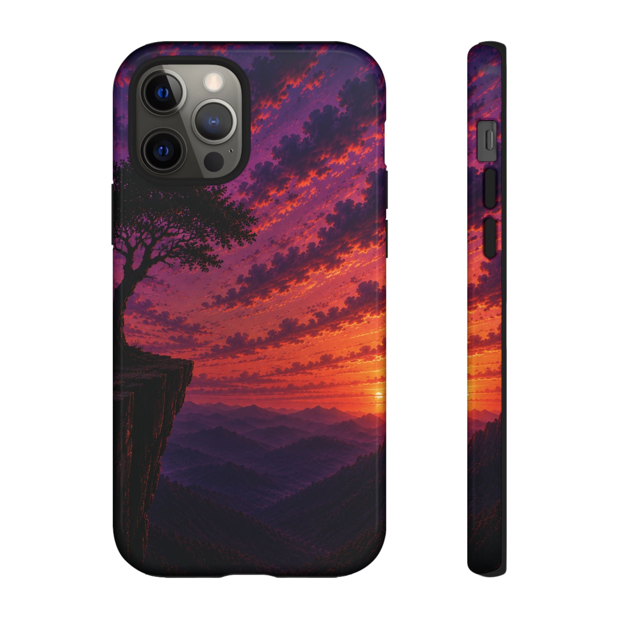 Sunset Cliff Tough Phone Case - Vibrant Purple Orange Landscape for Galaxy & iPhone
