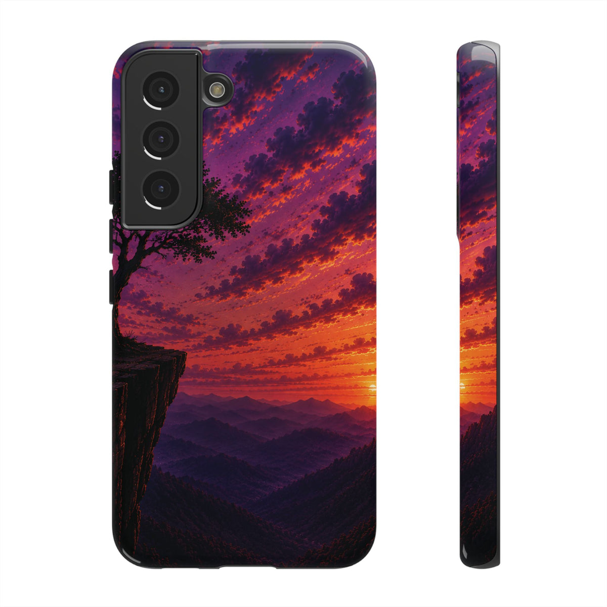 Sunset Cliff Tough Phone Case - Vibrant Purple Orange Landscape for Galaxy & iPhone