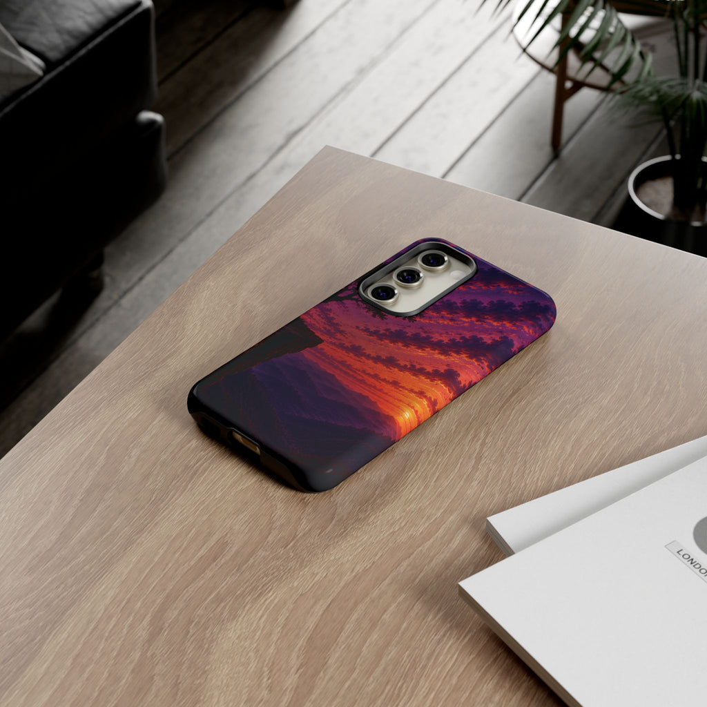 Sunset Cliff Tough Phone Case - Vibrant Purple Orange Landscape for Galaxy & iPhone