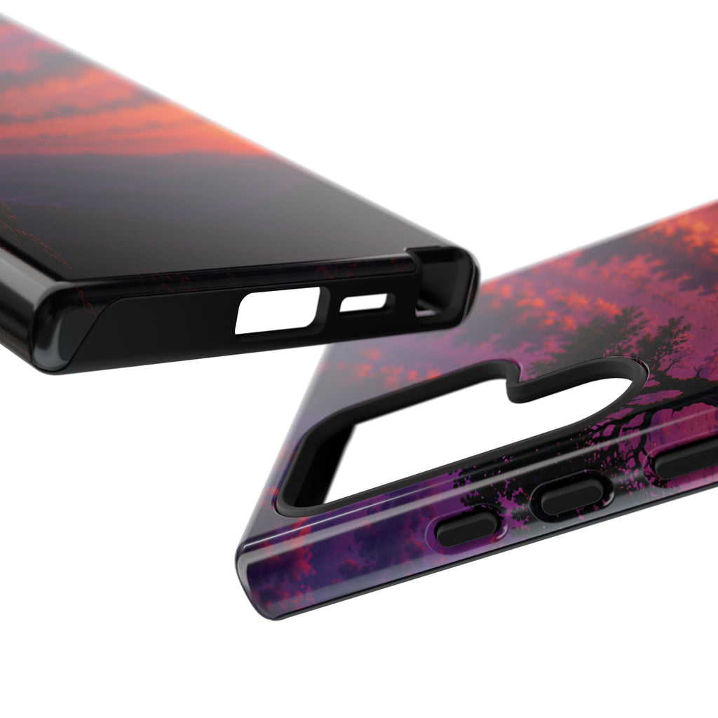 Sunset Cliff Tough Phone Case - Vibrant Purple Orange Landscape for Galaxy & iPhone