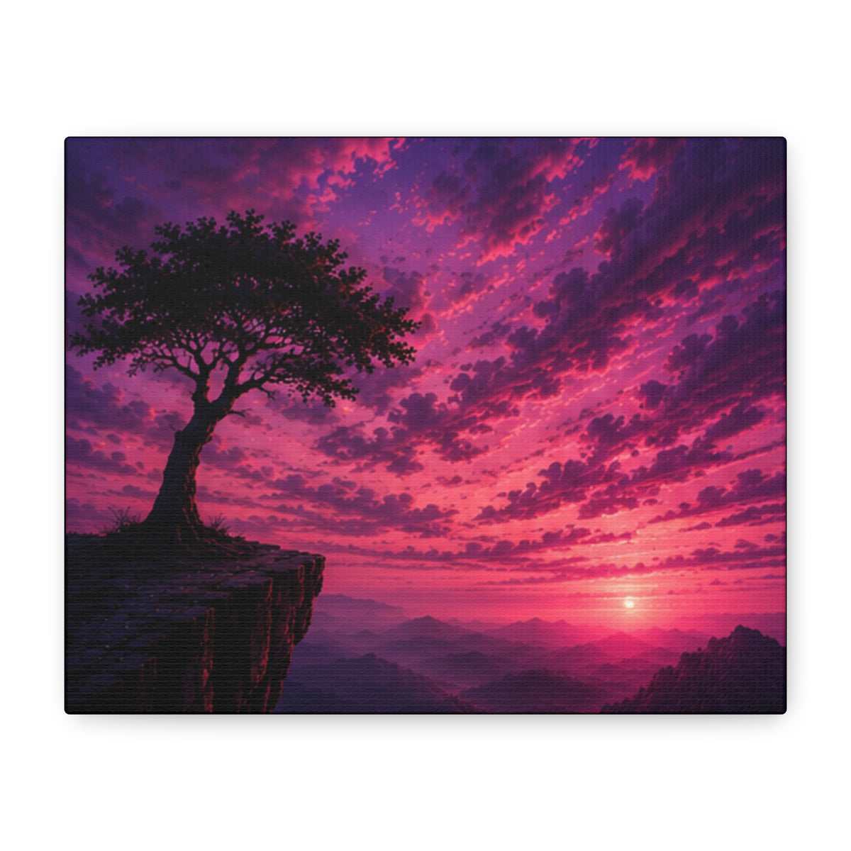 Sunset Cliff Tree Matte Canvas Art – Pink Purple Landscape Wall Decor