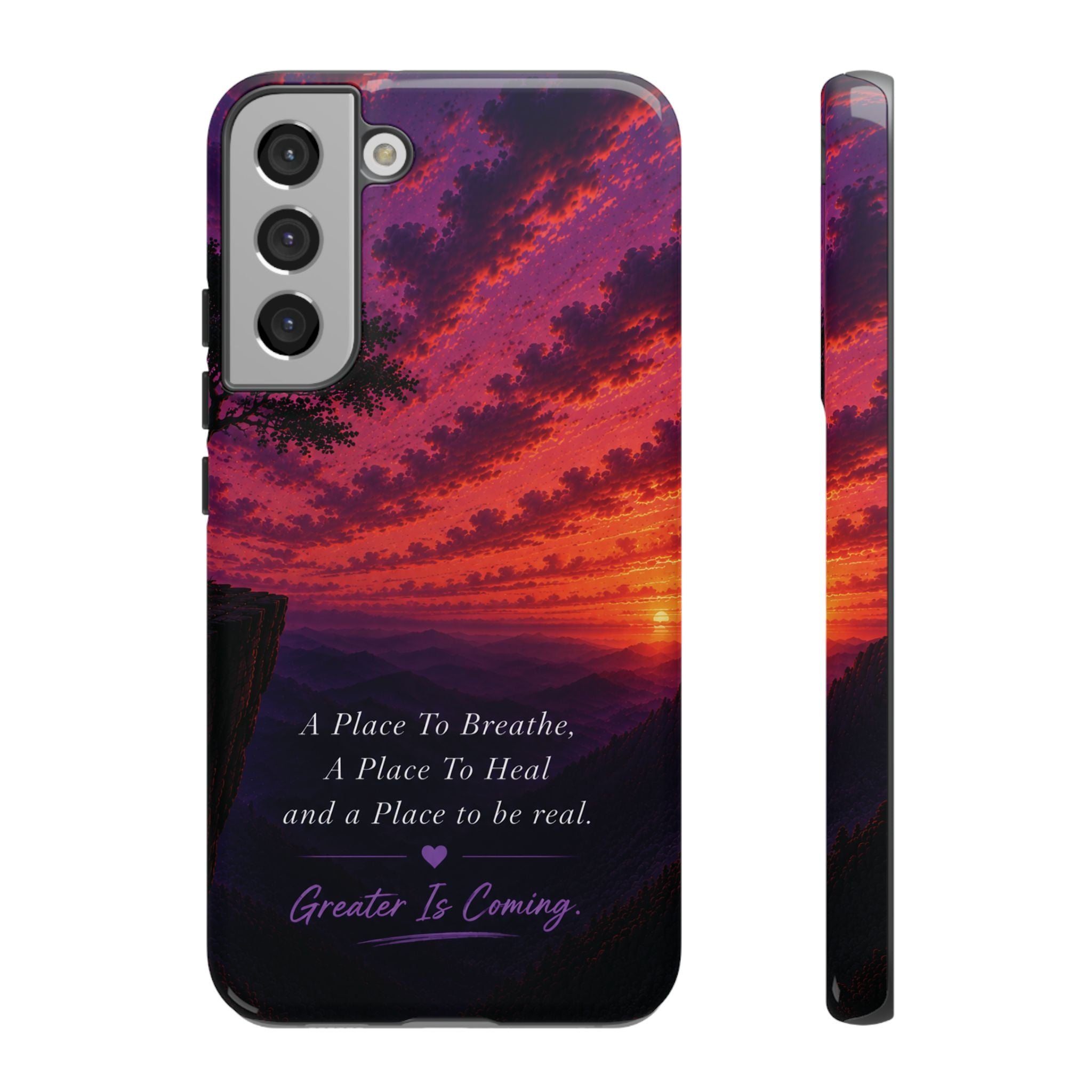 Sunset Serenity Phone Case – “A Place To Breathe, A Place To Heal” Inspirational Galaxy Case