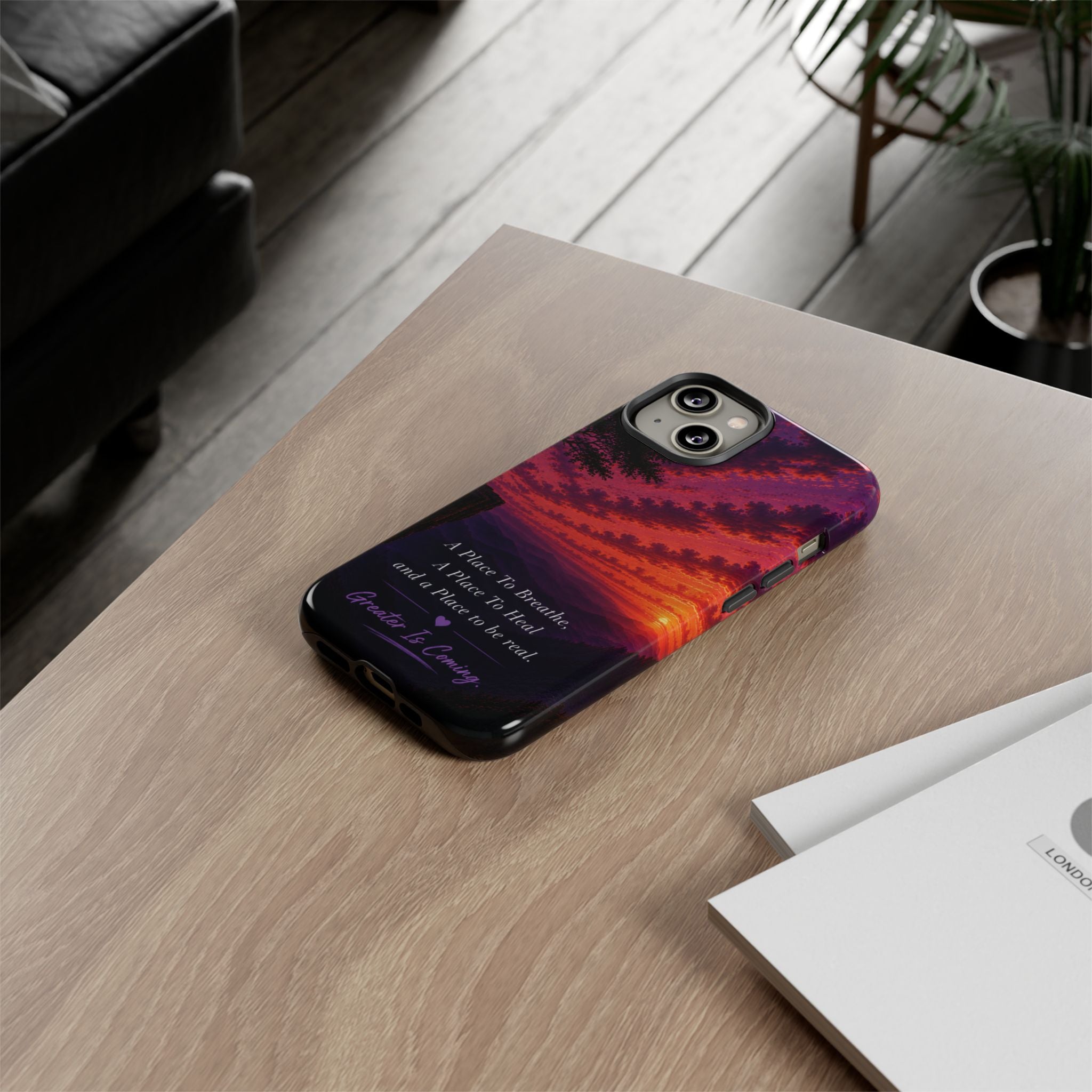 Sunset Serenity Phone Case – “A Place To Breathe, A Place To Heal” Inspirational Galaxy Case