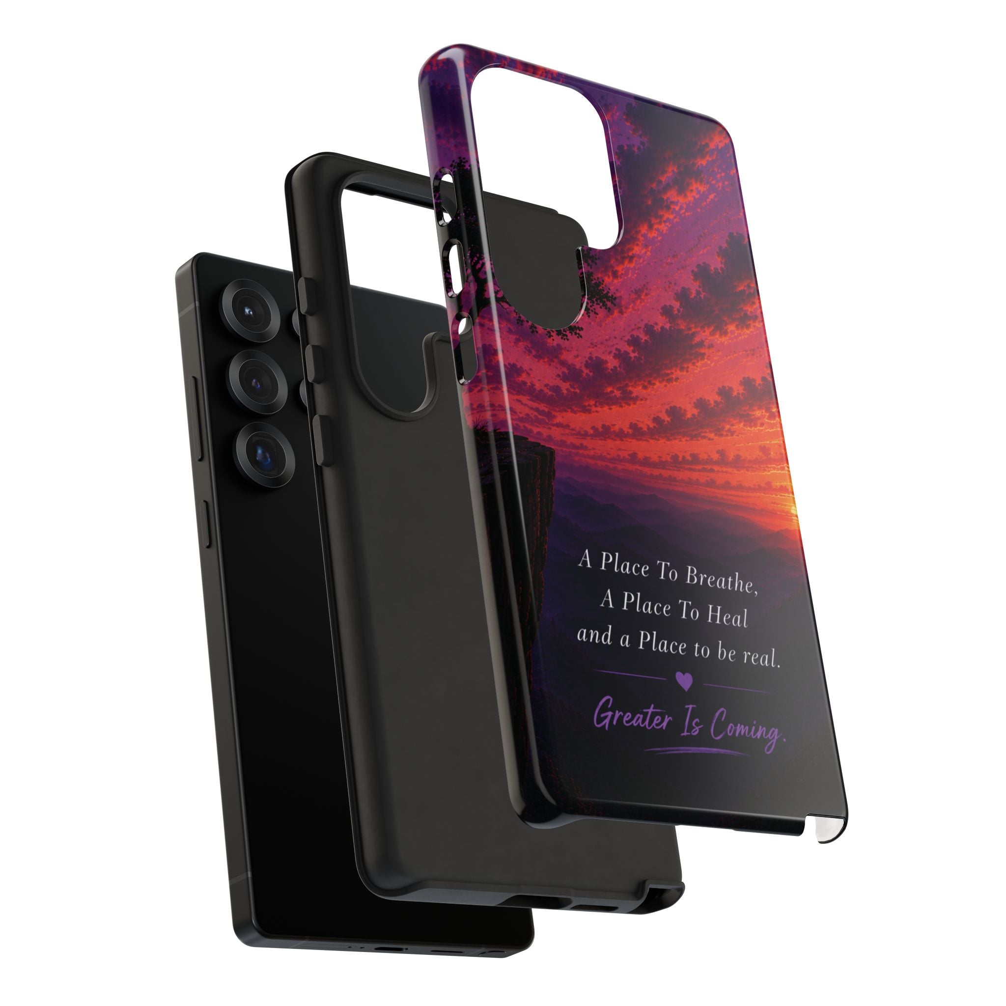 Sunset Serenity Phone Case – “A Place To Breathe, A Place To Heal” Inspirational Galaxy Case