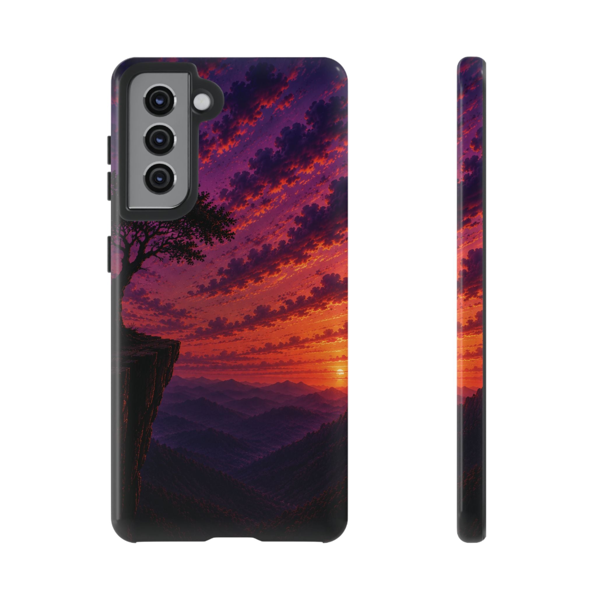 Sunset Cliff Tough Phone Case - Vibrant Purple Orange Landscape for Galaxy & iPhone