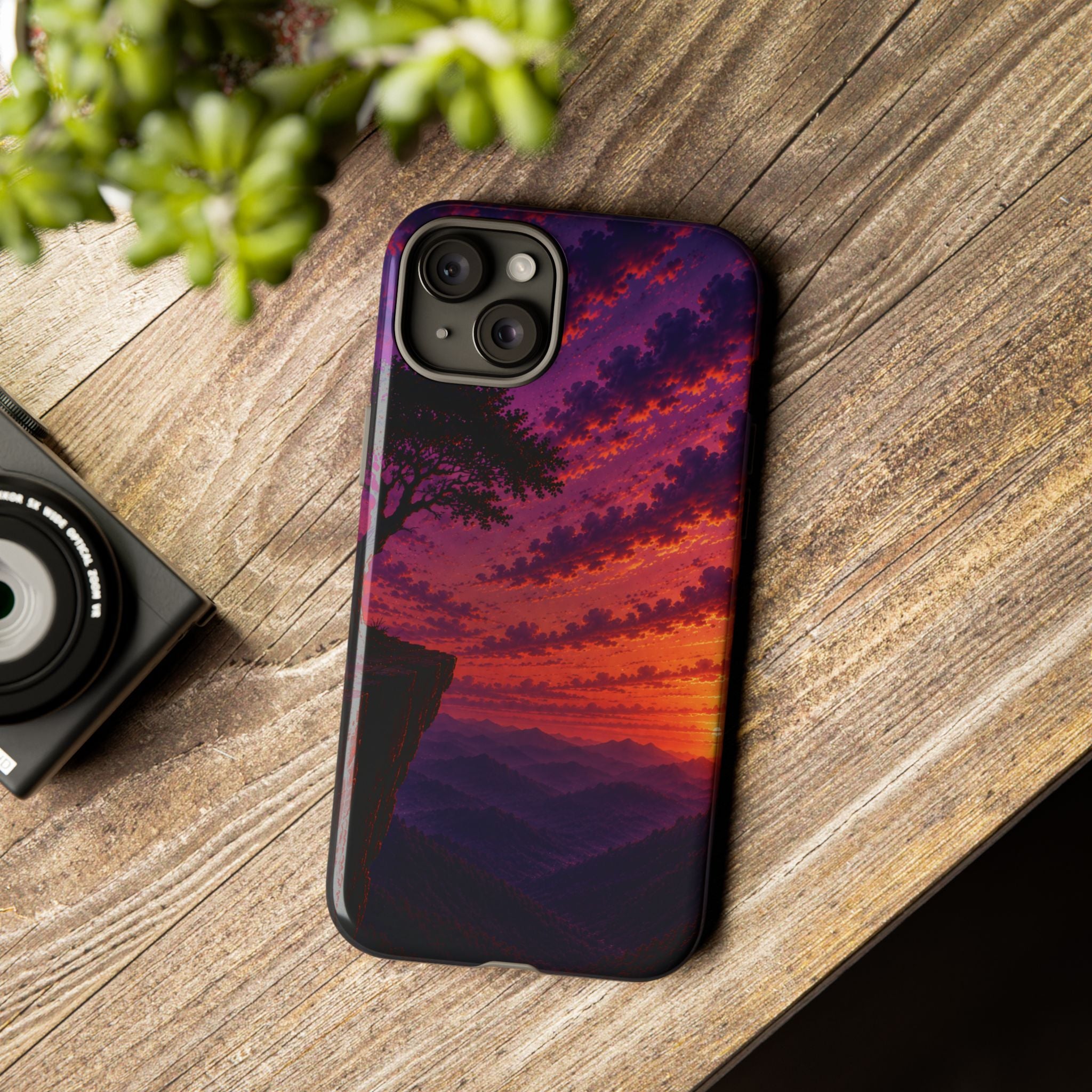 Sunset Cliff Tough Phone Case - Vibrant Purple Orange Landscape for Galaxy & iPhone