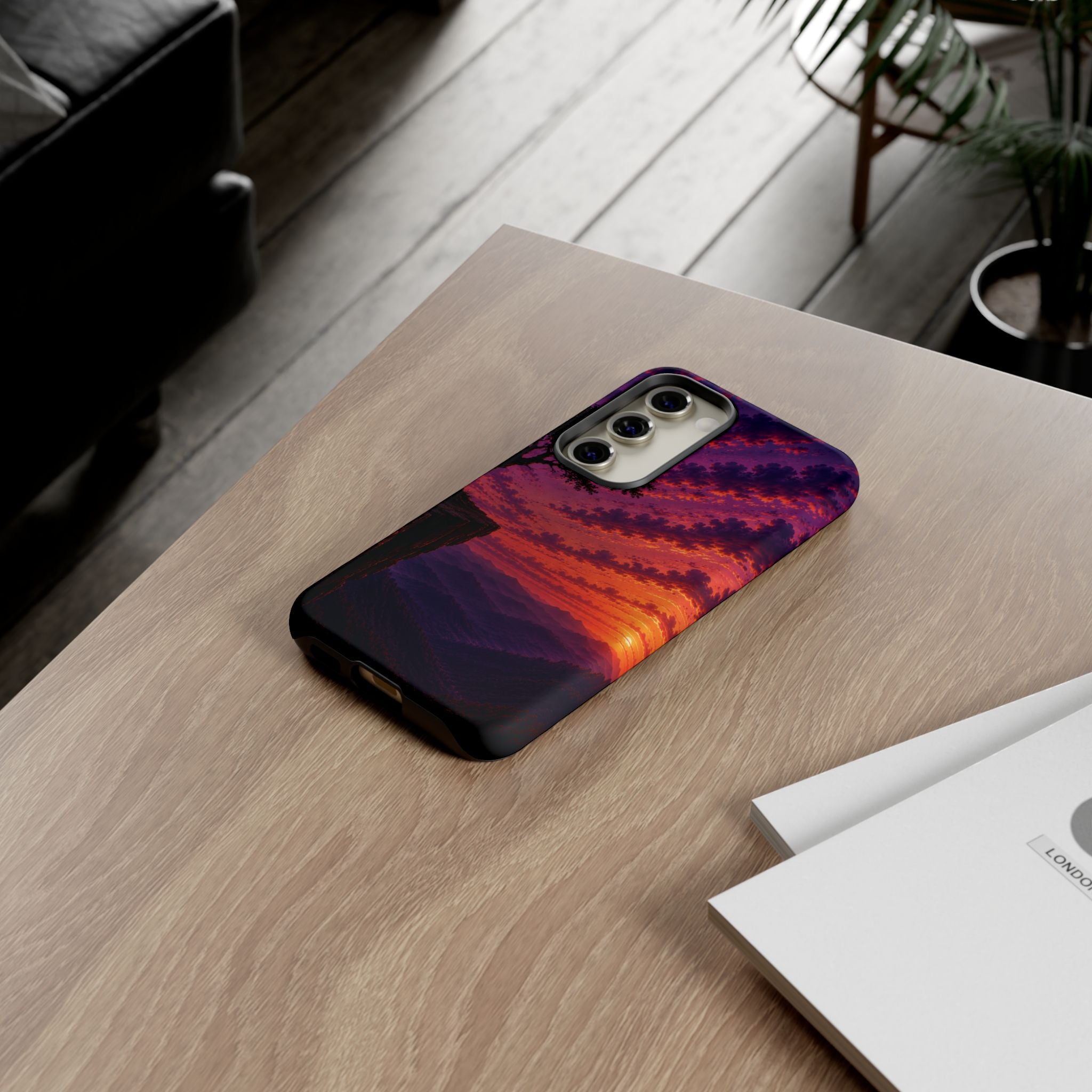 Sunset Cliff Tough Phone Case - Vibrant Purple Orange Landscape for Galaxy & iPhone