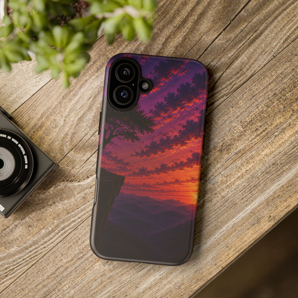 Sunset Cliff Tough Phone Case - Vibrant Purple Orange Landscape for Galaxy & iPhone