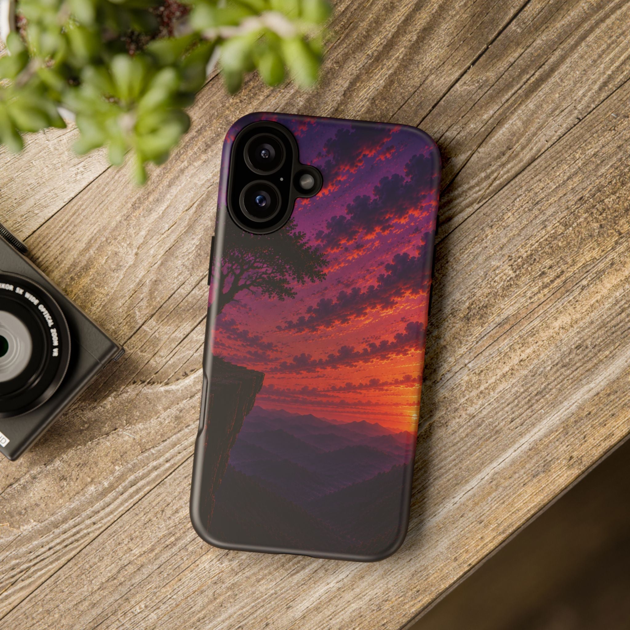 Sunset Cliff Tough Phone Case - Vibrant Purple Orange Landscape for Galaxy & iPhone