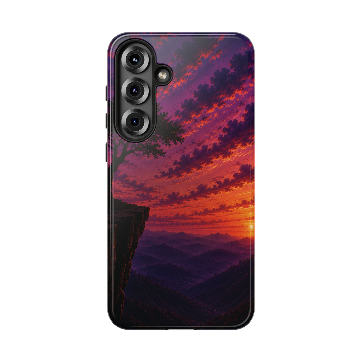 Sunset Cliff Tough Phone Case - Vibrant Purple Orange Landscape for Galaxy & iPhone