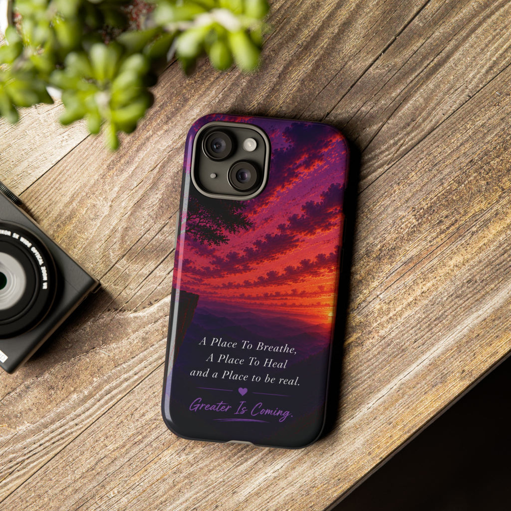 Sunset Serenity Phone Case – “A Place To Breathe, A Place To Heal” Inspirational Galaxy Case