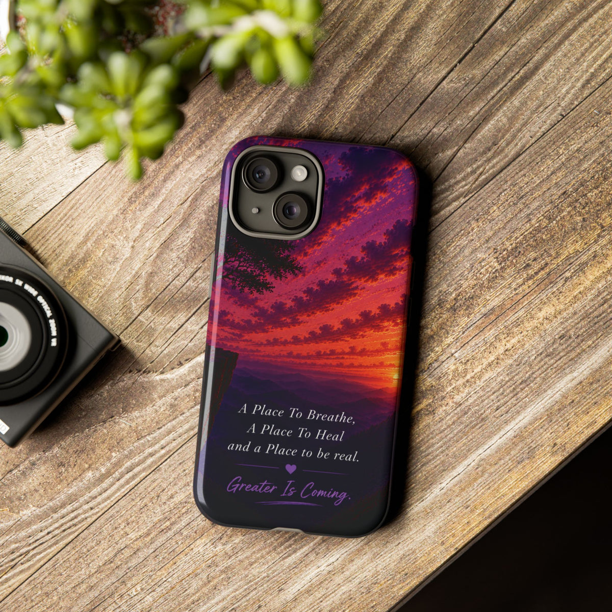 Sunset Serenity Phone Case – “A Place To Breathe, A Place To Heal” Inspirational Galaxy Case