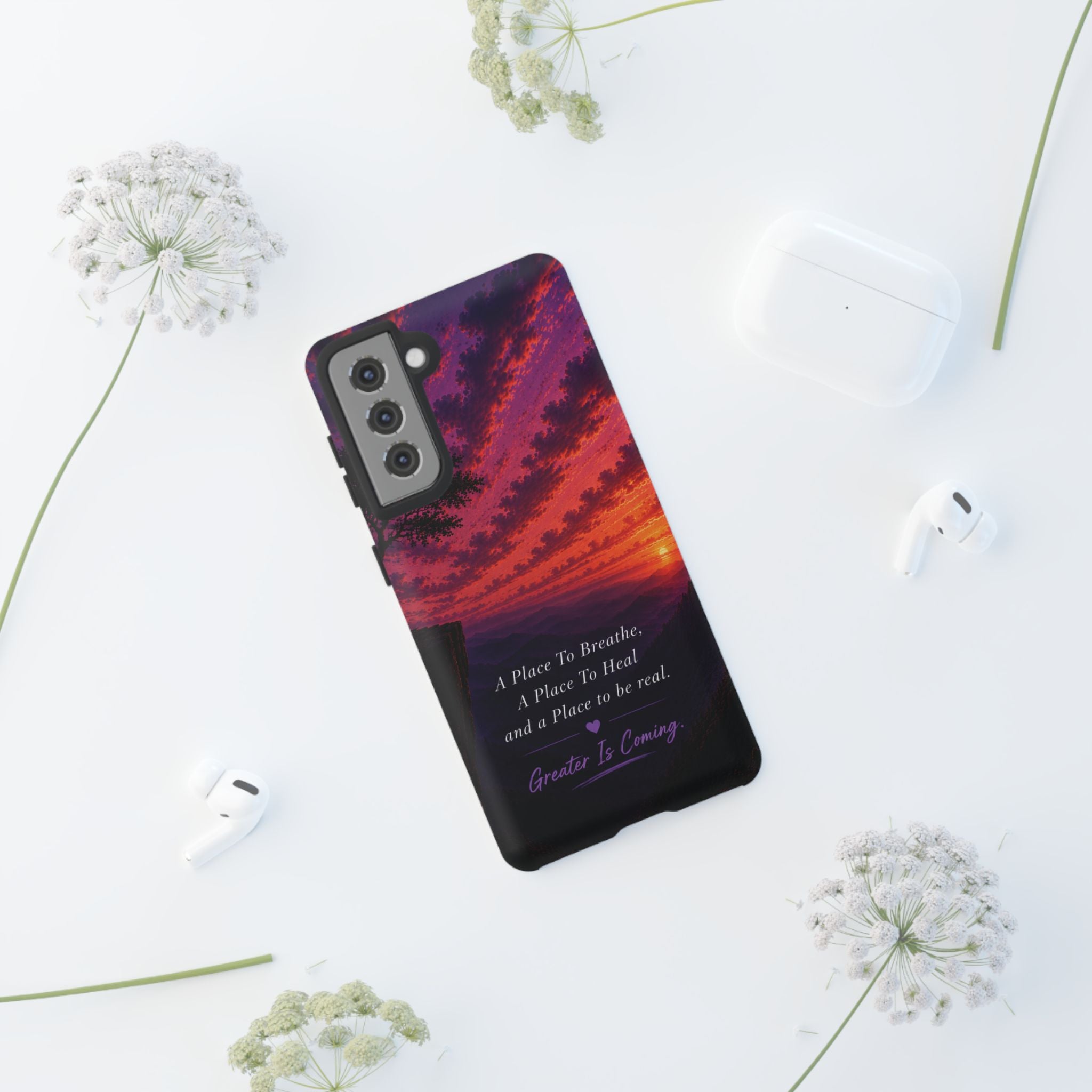 Sunset Serenity Phone Case – “A Place To Breathe, A Place To Heal” Inspirational Galaxy Case