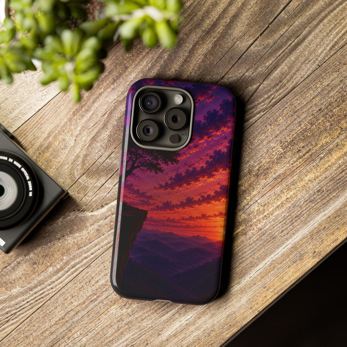 Sunset Cliff Tough Phone Case - Vibrant Purple Orange Landscape for Galaxy & iPhone