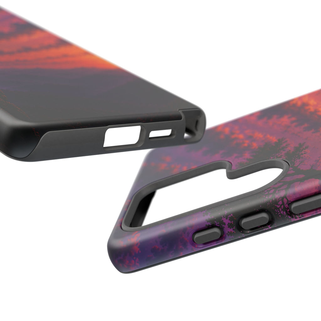 Sunset Cliff Tough Phone Case - Vibrant Purple Orange Landscape for Galaxy & iPhone