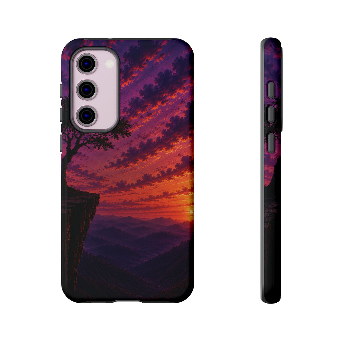 Sunset Cliff Tough Phone Case - Vibrant Purple Orange Landscape for Galaxy & iPhone