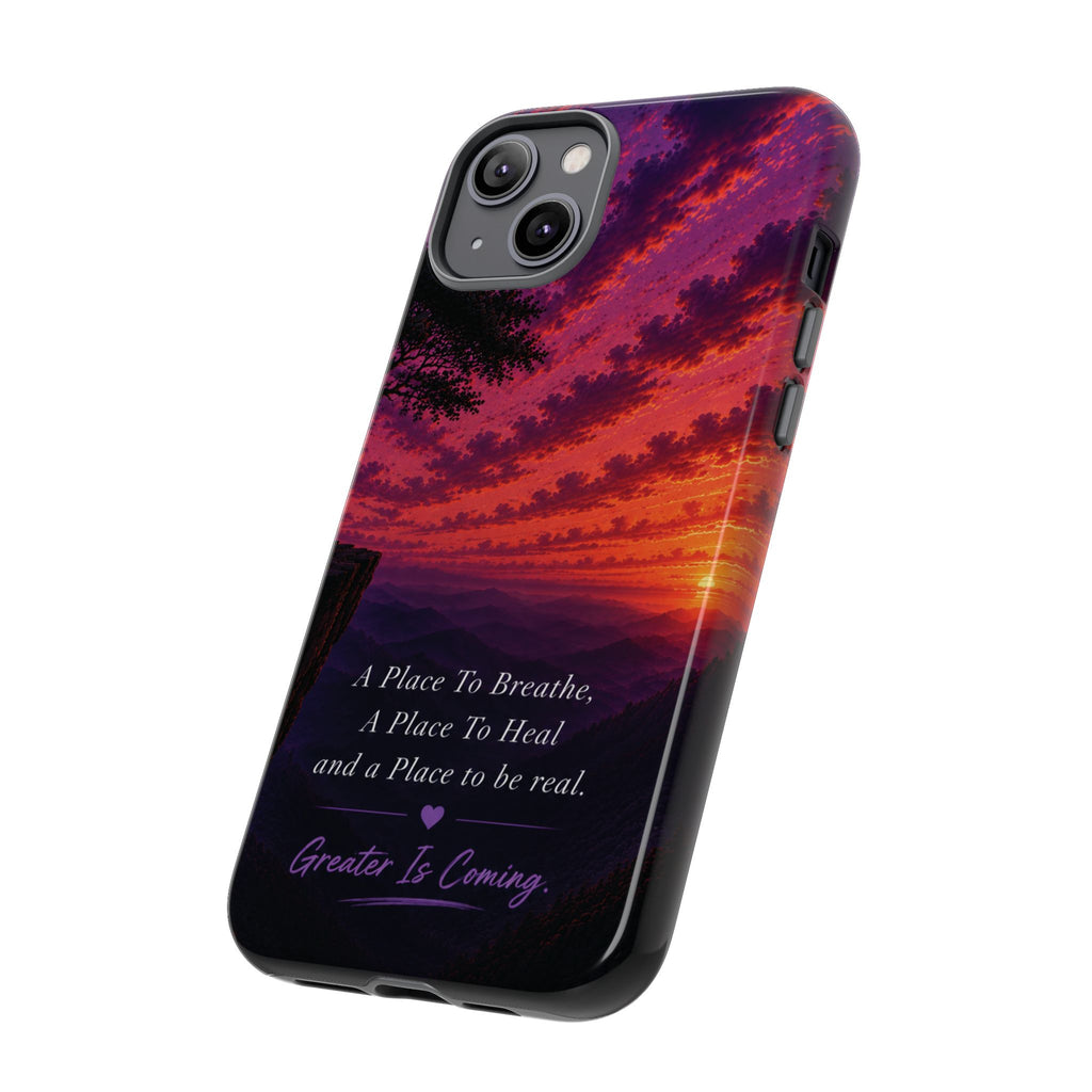 Sunset Serenity Phone Case – “A Place To Breathe, A Place To Heal” Inspirational Galaxy Case