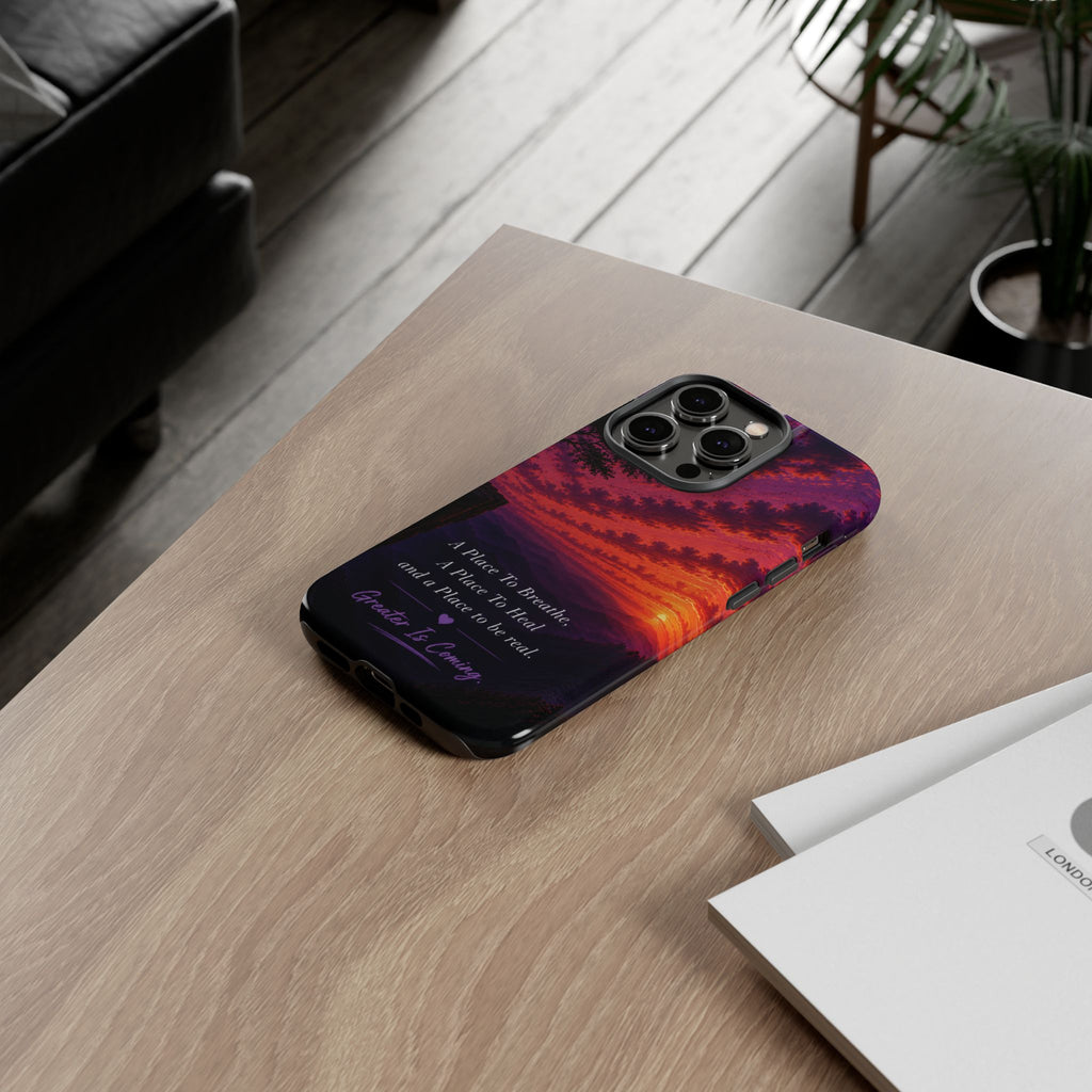 Sunset Serenity Phone Case – “A Place To Breathe, A Place To Heal” Inspirational Galaxy Case
