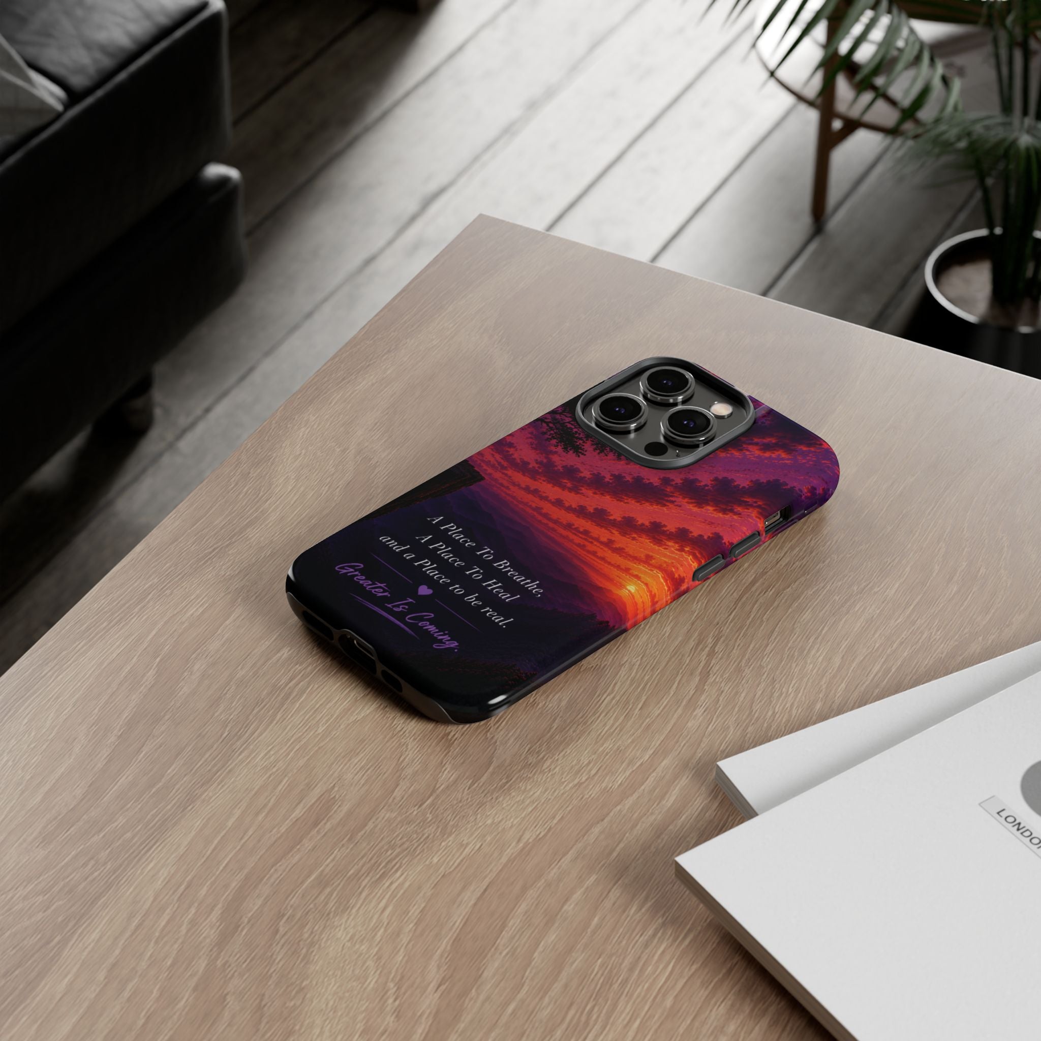 Sunset Serenity Phone Case – “A Place To Breathe, A Place To Heal” Inspirational Galaxy Case
