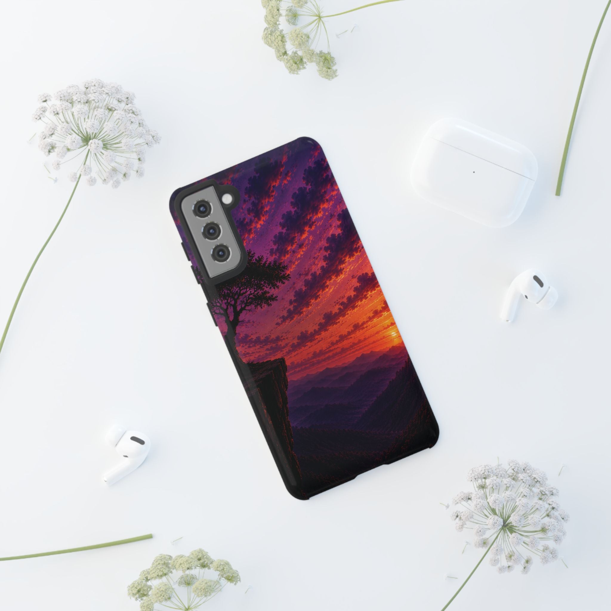 Sunset Cliff Tough Phone Case - Vibrant Purple Orange Landscape for Galaxy & iPhone