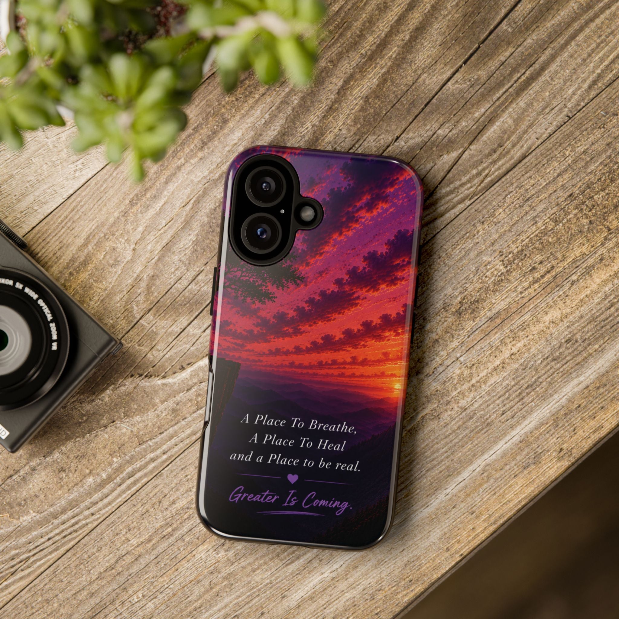 Sunset Serenity Phone Case – “A Place To Breathe, A Place To Heal” Inspirational Galaxy Case