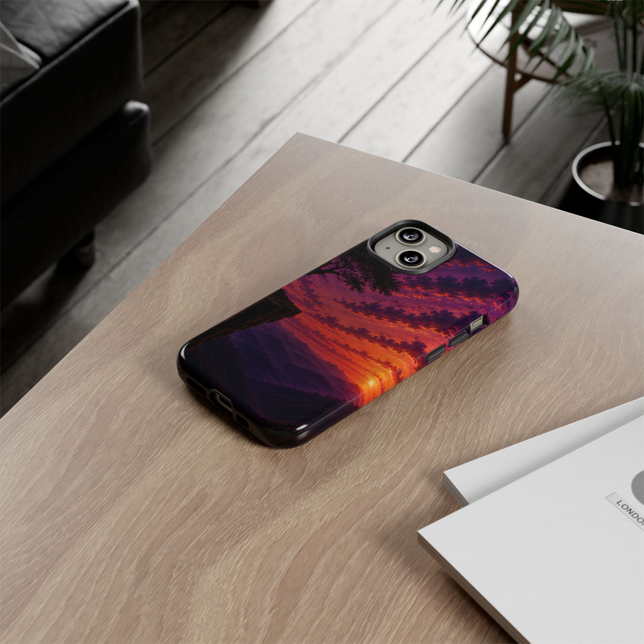 Sunset Cliff Tough Phone Case - Vibrant Purple Orange Landscape for Galaxy & iPhone