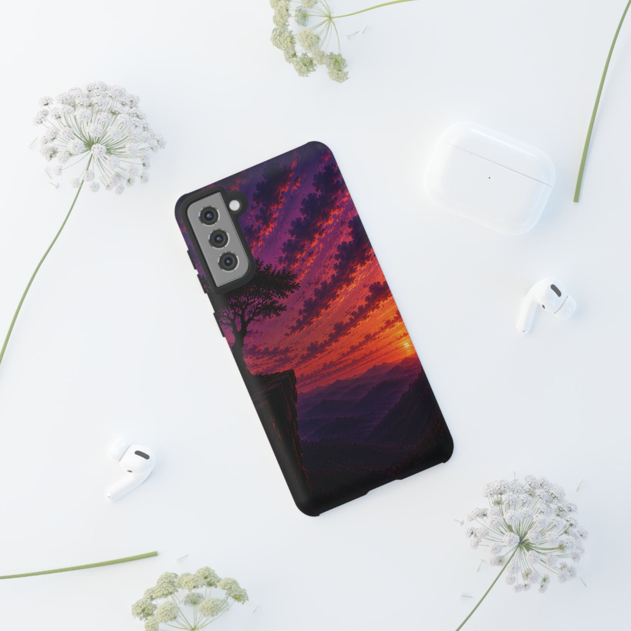 Sunset Cliff Tough Phone Case - Vibrant Purple Orange Landscape for Galaxy & iPhone