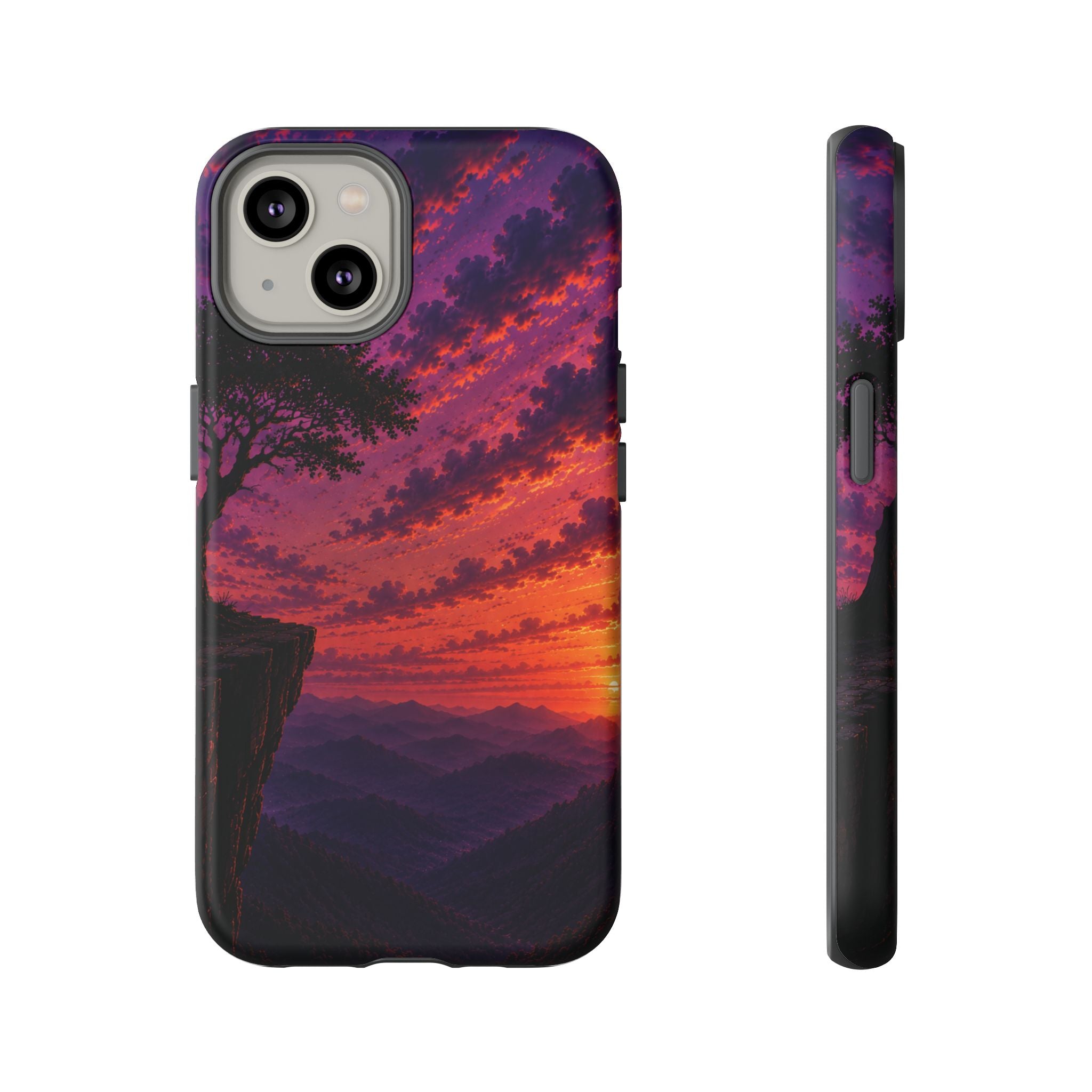 Sunset Cliff Tough Phone Case - Vibrant Purple Orange Landscape for Galaxy & iPhone