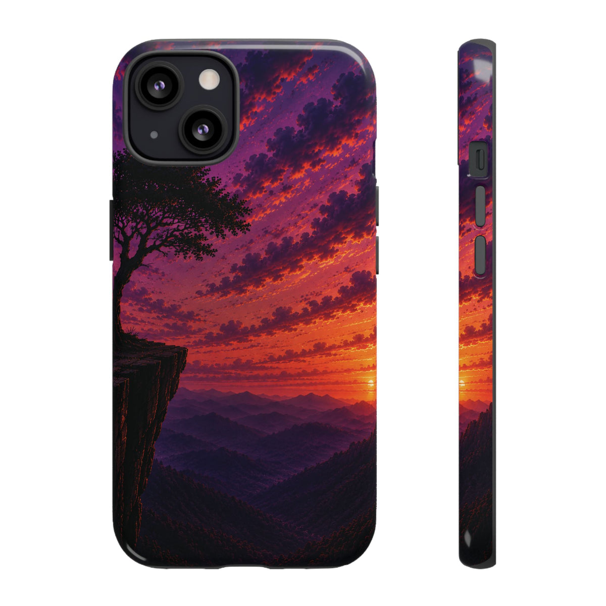Sunset Cliff Tough Phone Case - Vibrant Purple Orange Landscape for Galaxy & iPhone