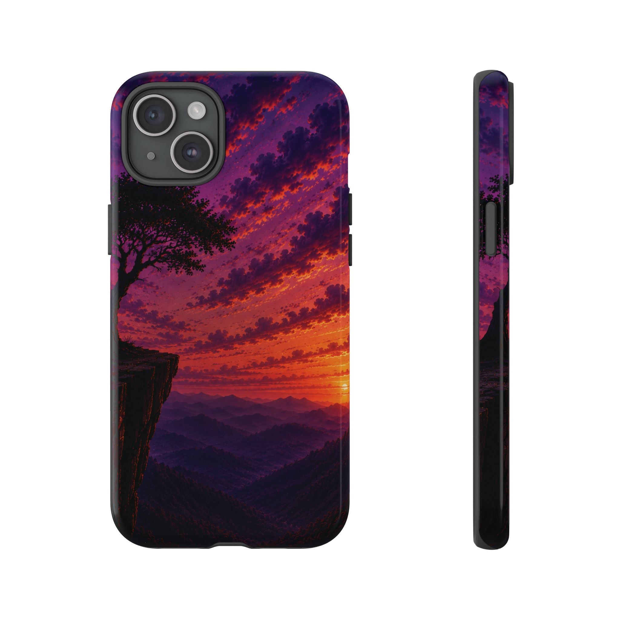 Sunset Cliff Tough Phone Case - Vibrant Purple Orange Landscape for Galaxy & iPhone